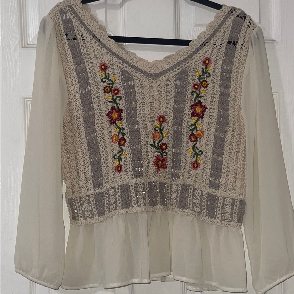 Lola Cream Crochet Blouse with Floral Embroidery
